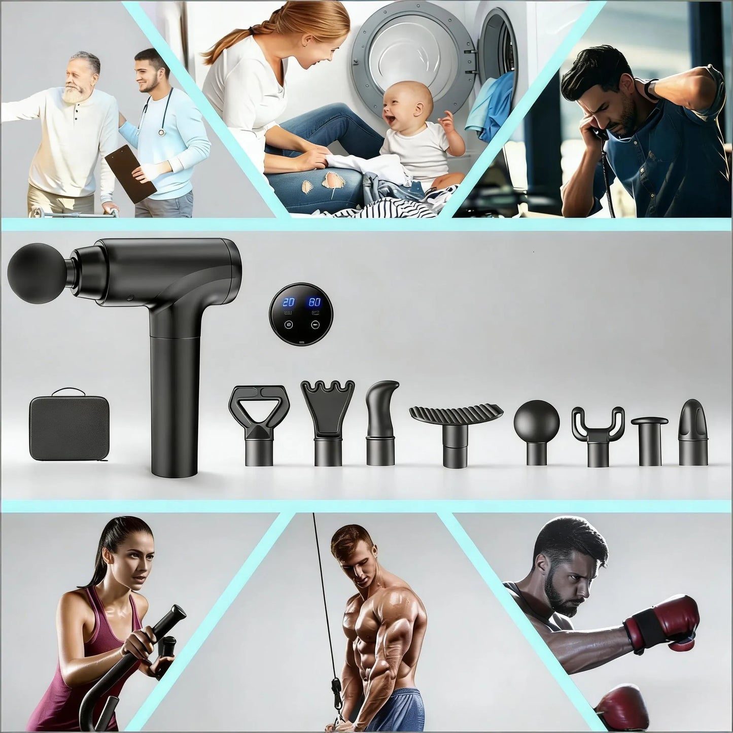 Percussion Muscle Massager: Deep Tissue Gun with 8 Heads & 20 Speeds for Maximum Relief (Matte Black)